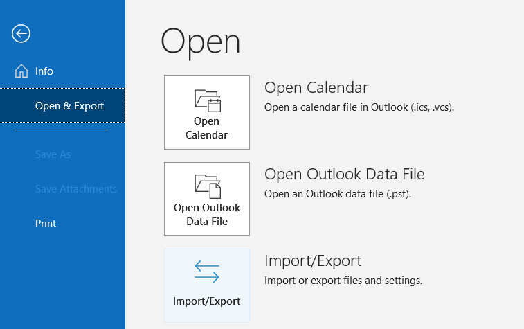Step 2 of migrating Outlook to Gmail. The menu for exporting a .pst file from the Outlook app.