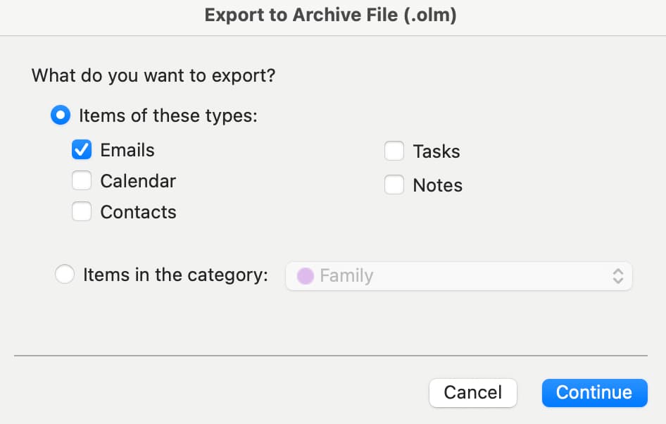 The menu for exporting email in Outlook for desktop
