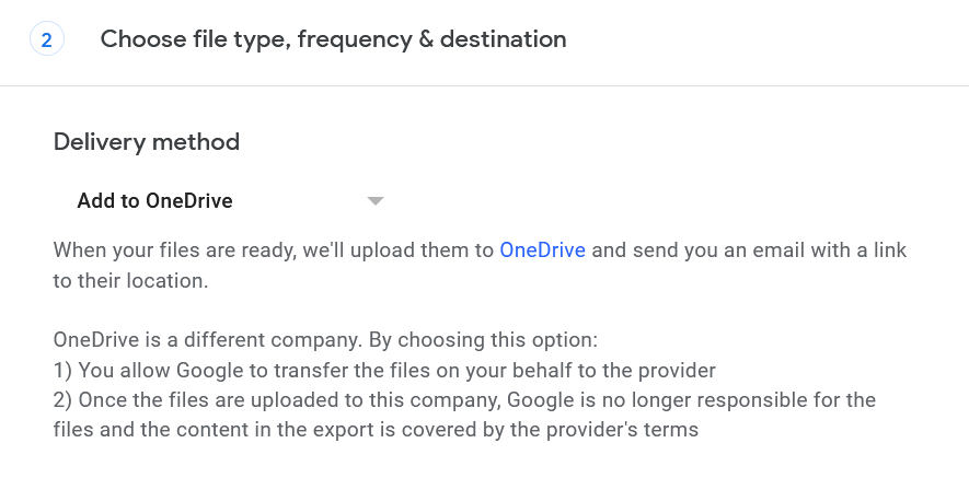 Step 3 of Google Takeout export to OneDrive. The menu for selecting OneDrive
