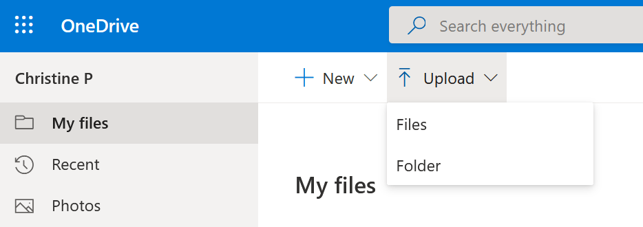 Step 2 of manual migration to OneDrive. The menu for the upload from the hard drive