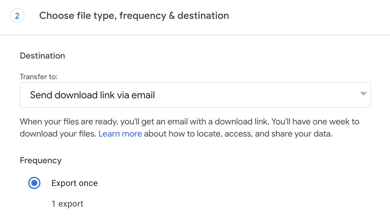 The menu for selecting the frequency and delivery method of Google Takeout exports