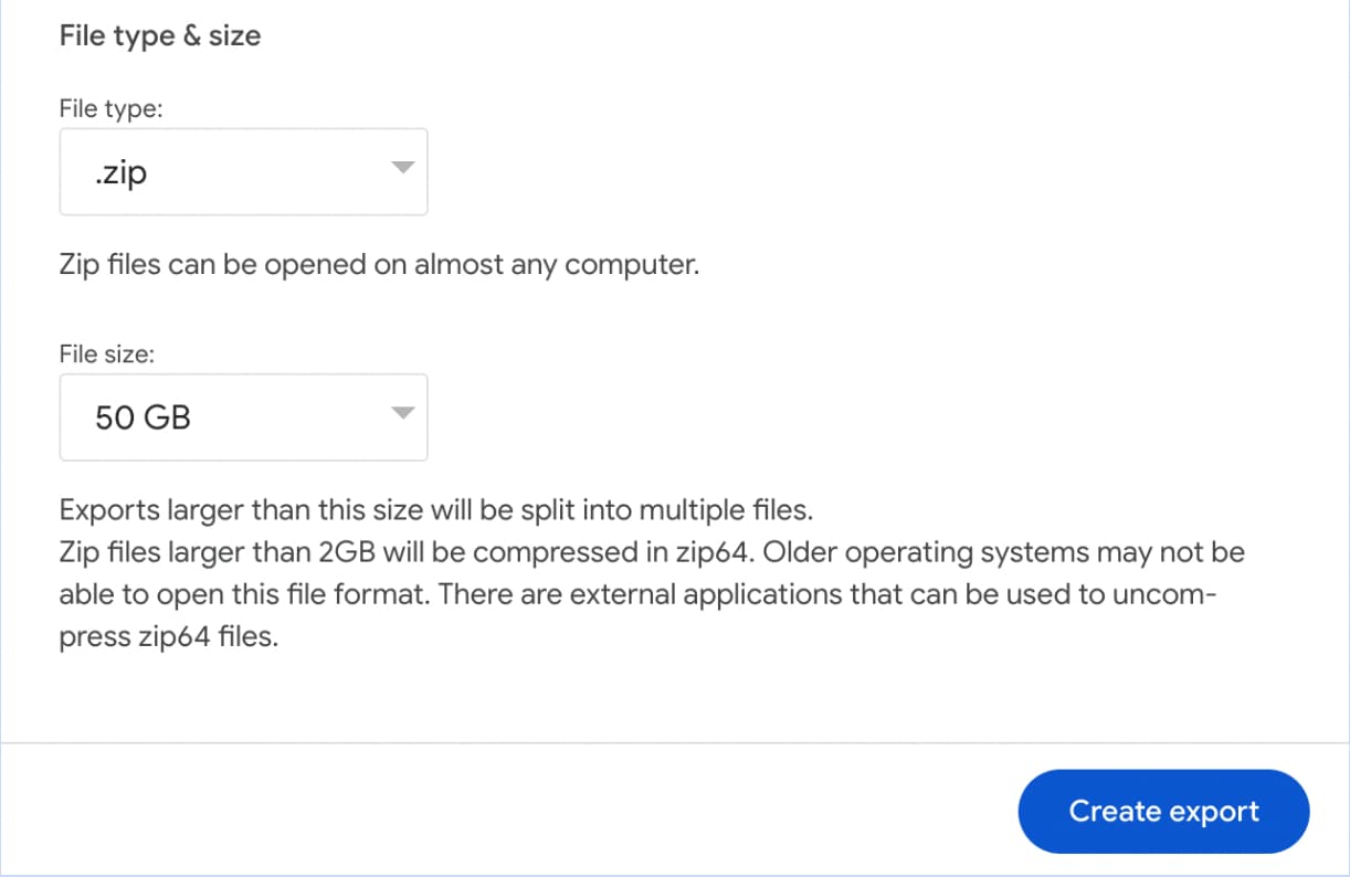 The menu for selecting takeout download file type and size