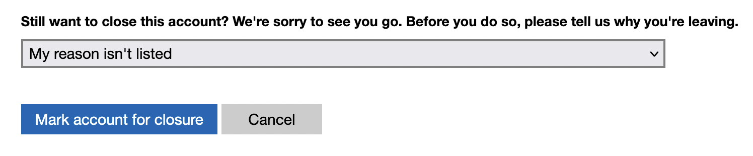 The button for marking the Microsoft OneDrive account for closure