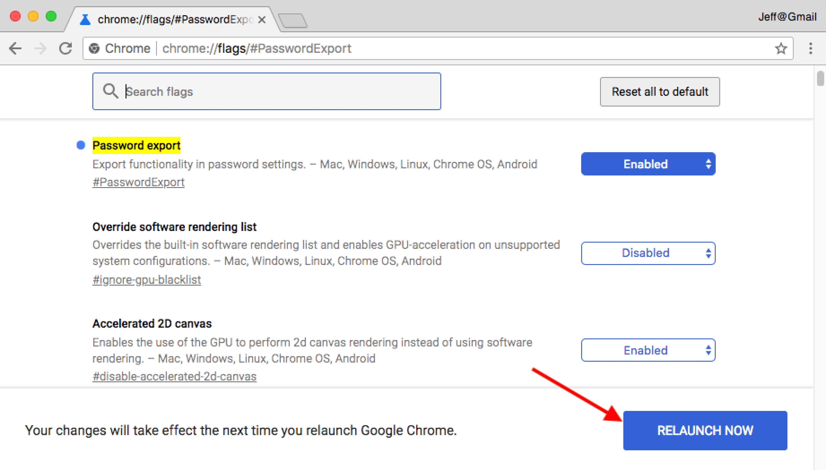 Restart Chrome to enable Password export