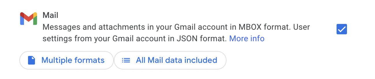 The menu for including Gmail in a Google Takeout export