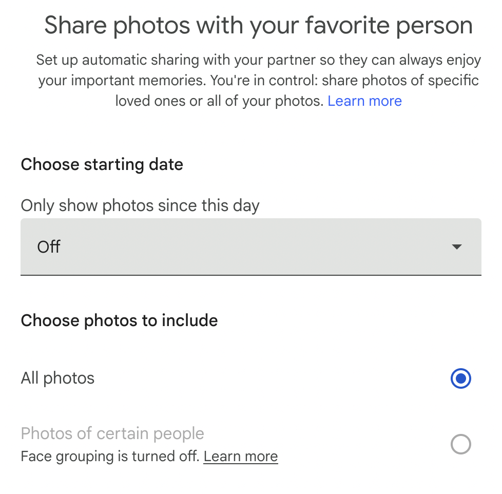 The menu for enabling partner sharing in Google Photos