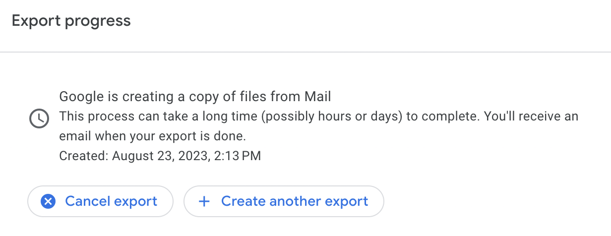 The menu showing the progress of generating a Google Takeout export