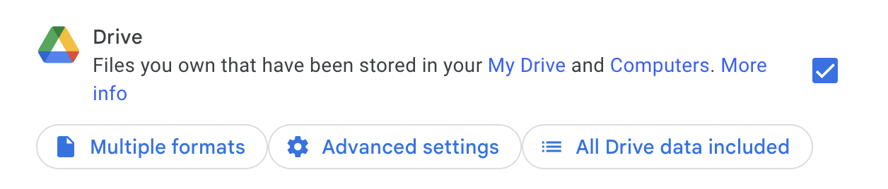 The menu for adjusting Drive settings for Google Takeout