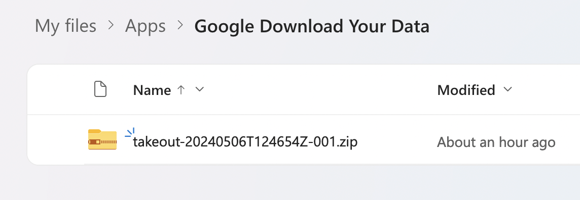 An image of a zipped Google Takeout archive file