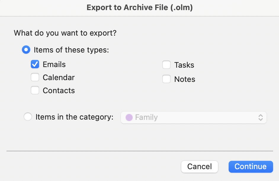 The menu for exporting emails from Zimbra in Outlook