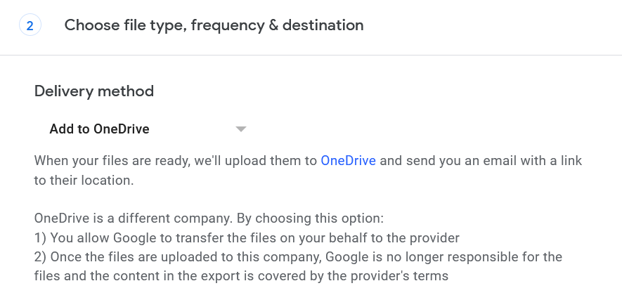 Step 3 of Google Takeout export to OneDrive. Window showing the menu for selecting OneDrive