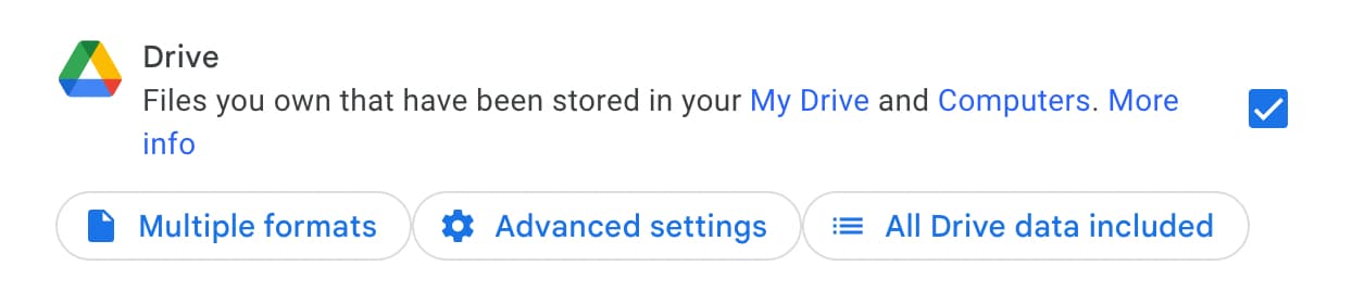 The menu for adjusting Drive settings for Google Takeout