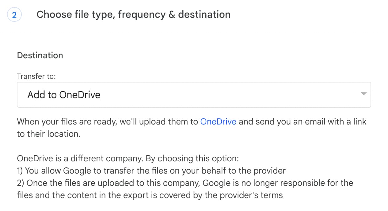 The menu for selecting a destination for the Google Takeout export