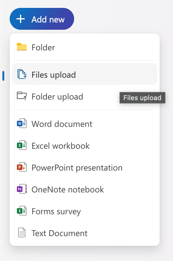 The menu for uploading documents to OneDrive