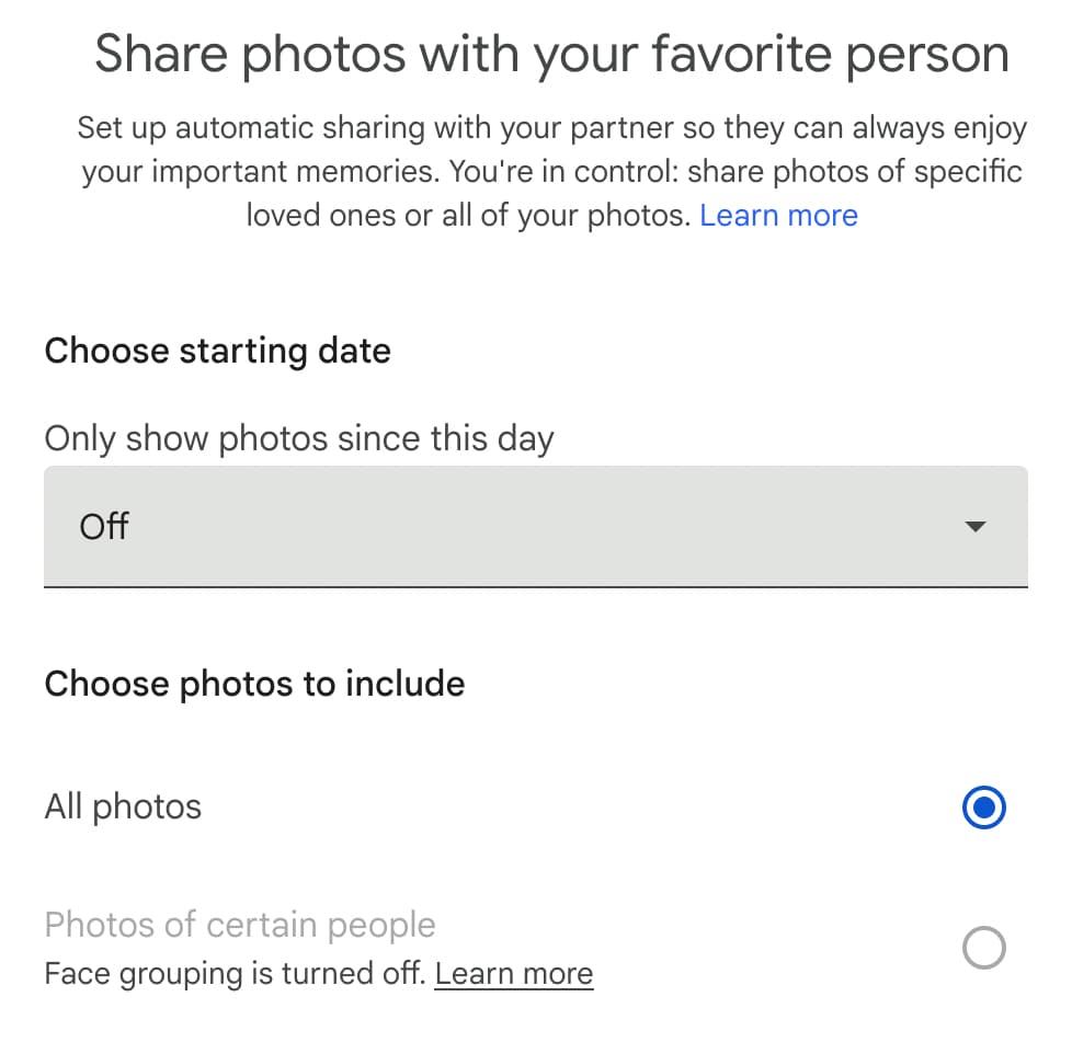 The menu for enabling partner sharing in Google Photos