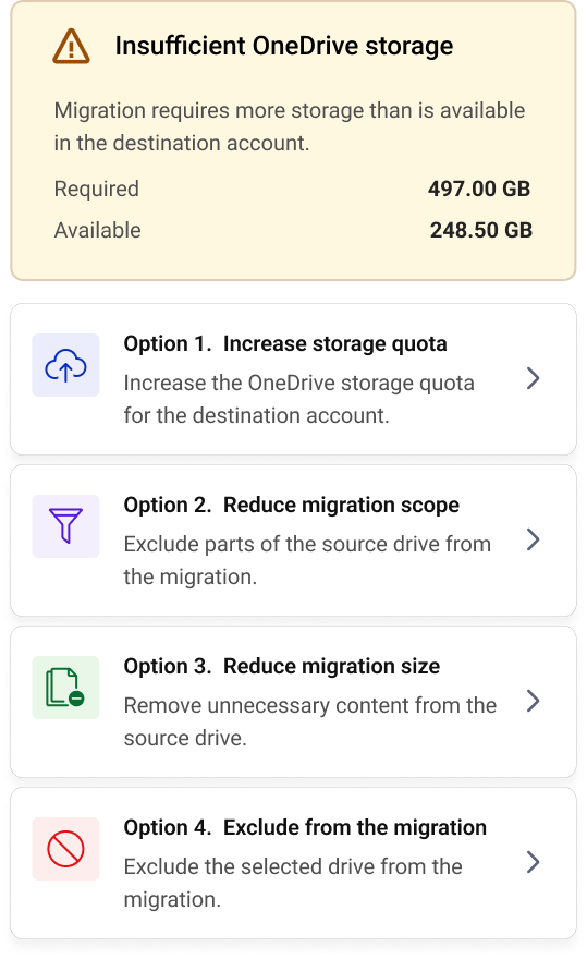 VaultMe recommended actions for fixing insufficient OneDrive storage